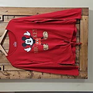 Disney Mickey Red Gold Sequin Keyhole Tie Cotton Long Sleeve Tshirt Size XL